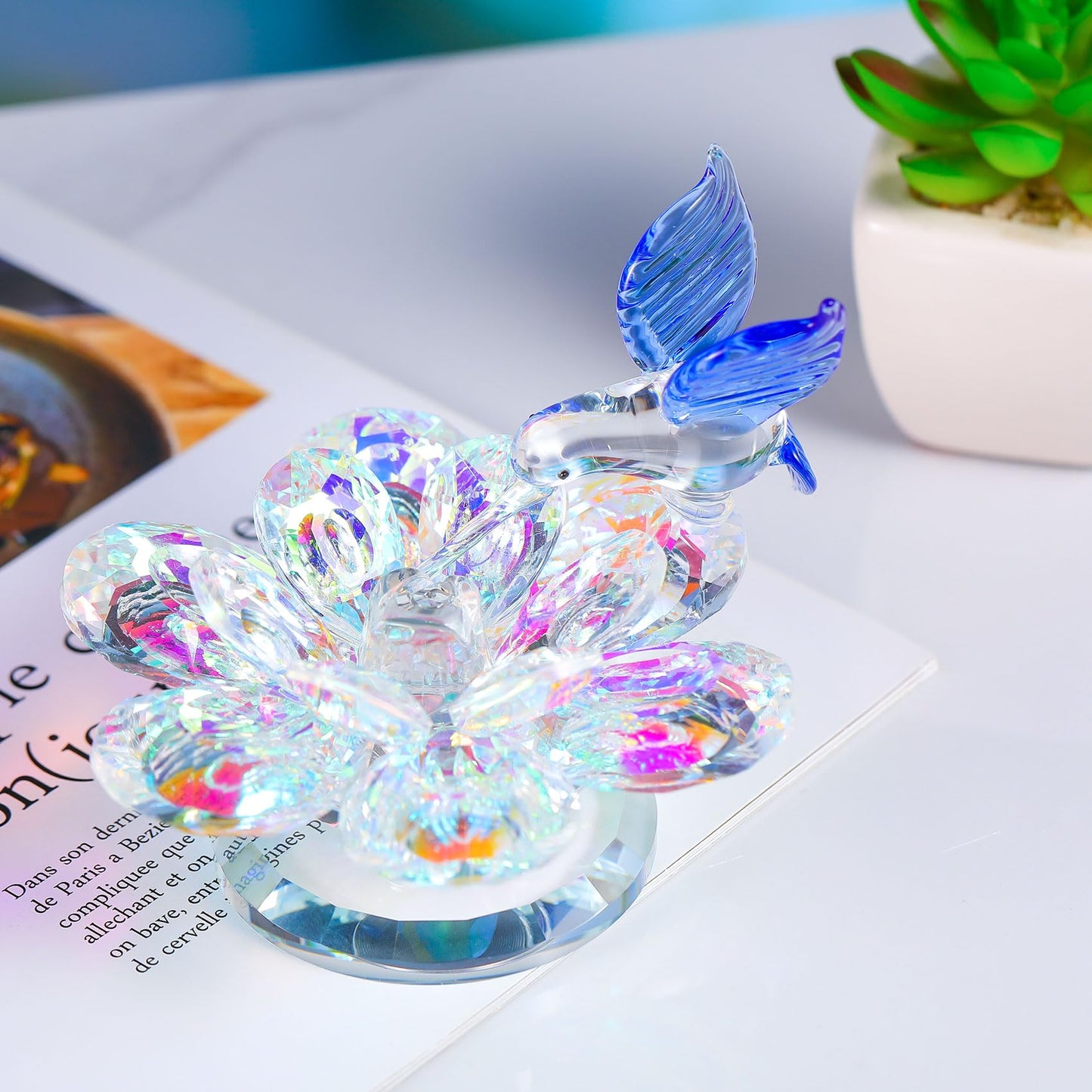 Movdyka Crystal Figurine Lotus Flower Decor Blue Hummingbird