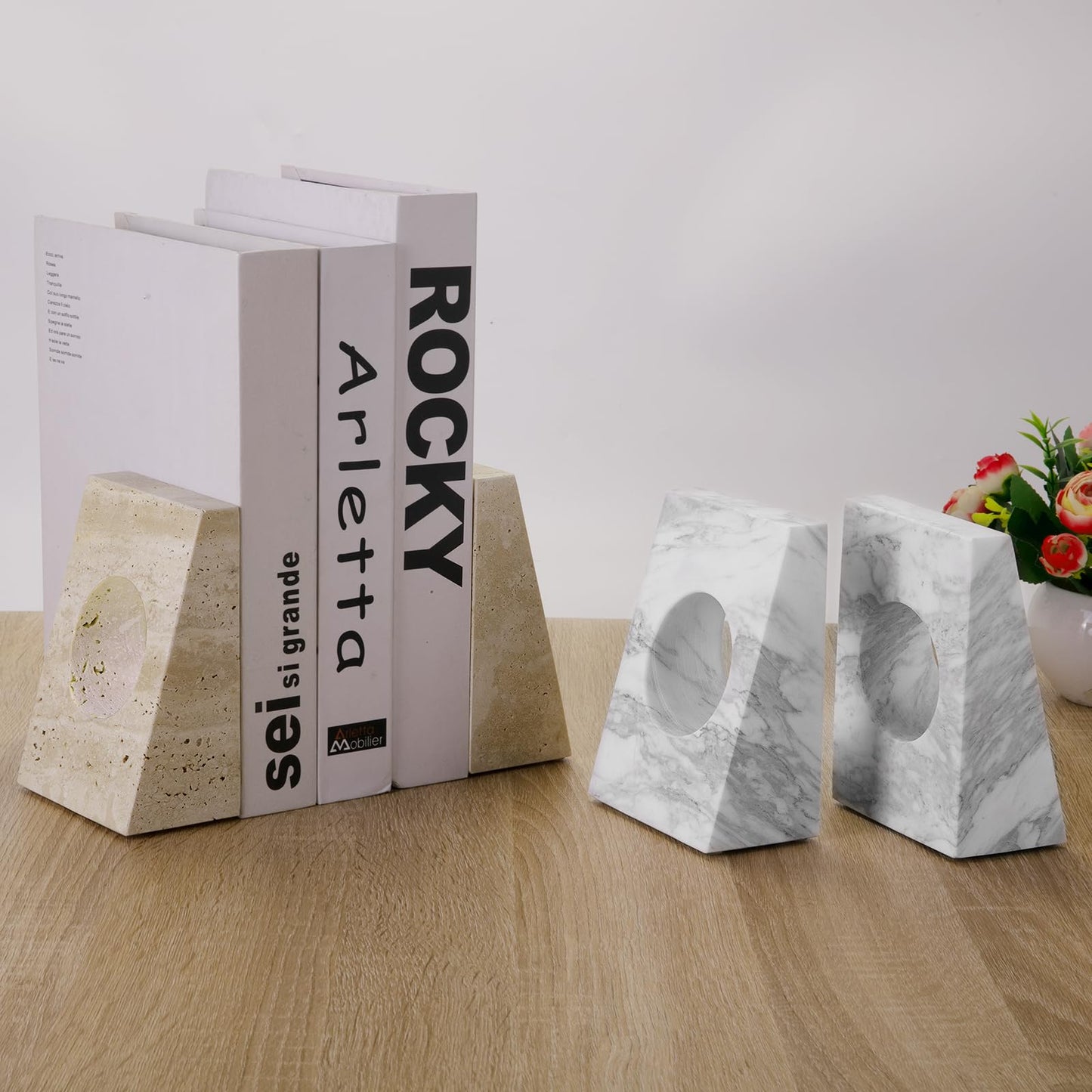 Marble Bookends Handcrafted Natural Marble Decorative Bookends for Heavy Duty Bookends Book Holder,Non-Skid Bottom,5.5x3.9x2.3 inches,3.5 lbs,Office, Study, Bookshelf Decoration