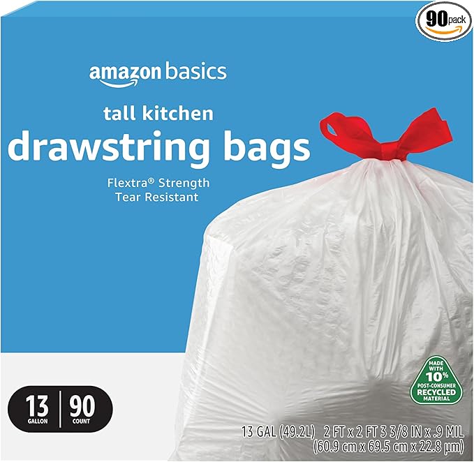 Amazon Basics 13 Gallon Tall Kitchen Drawstring Trash Bags, Flextra Strength