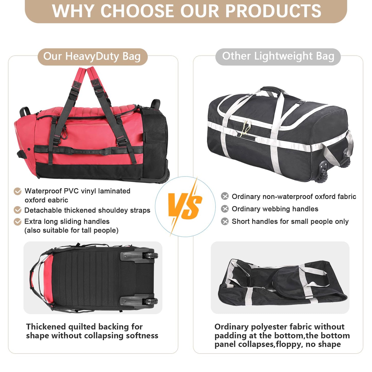 Rolling Duffle Bag with Wheels,86L 30”Folding Duffle Backpack with 2 Wheels,Travel Bag with Separate Shoe Compartment,Red