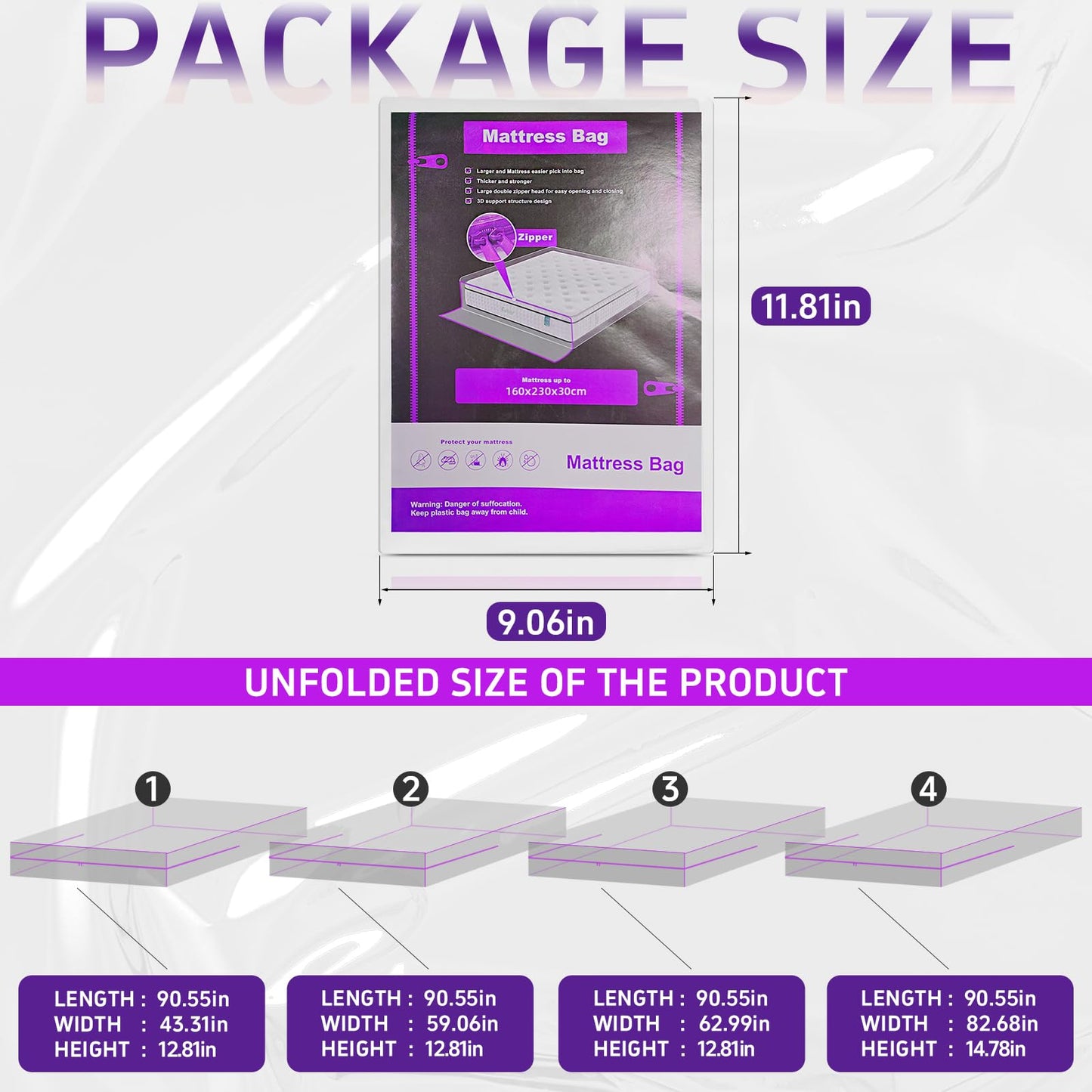 Gooo&Ma 6Mil Heavy Duty Mattress Bag for Moving & Storage - Waterproof Zippered Mattress Cover, Tear-Proof Dust-Proof Reusable Plastic Encasement, Fits Up to 14 Inch Mattress（Full、Purple）