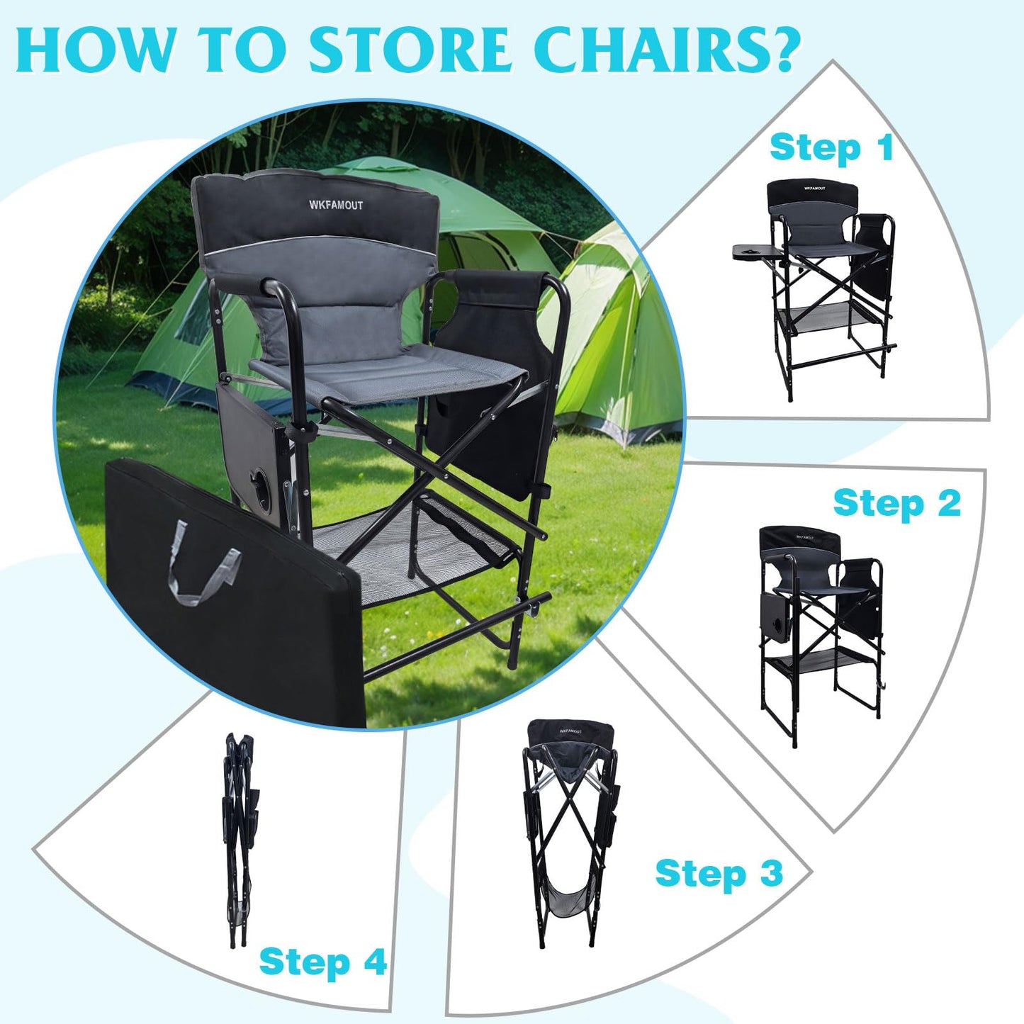 WKFAMOUT Tall Folding Director Chair 30.7" Seat Height Foldable Bar Stool for Makeup Artist Face Painting with Side Table Carry Bag and Cosmetic Bag Supports 350LBS