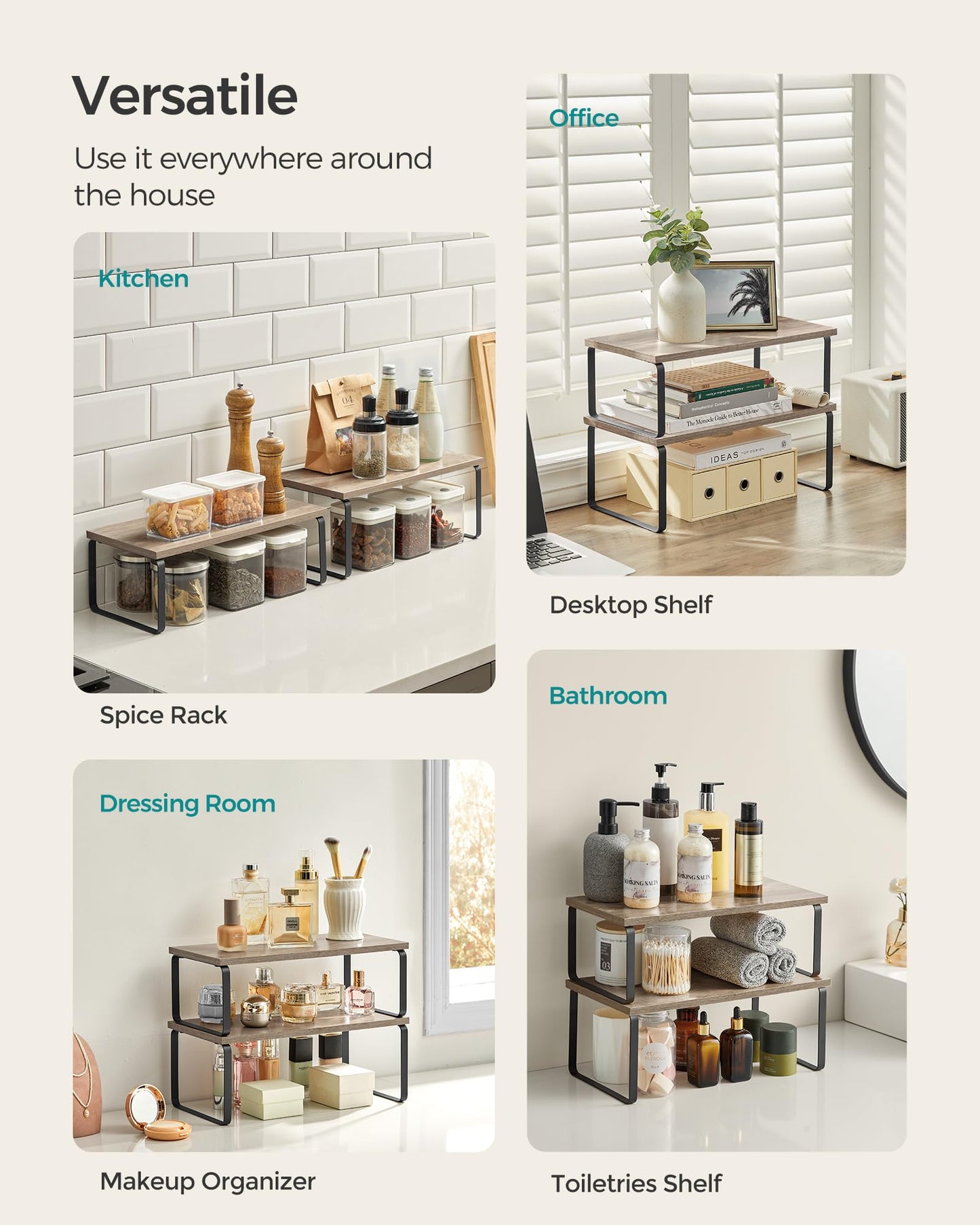 SONGMICS Cabinet Organizer Shelf, Set of 4 Kitchen Counter Shelves, Kitchen Storage, Spice Rack, Stackable, Expandable, Metal and Engineered Wood, Cloud White and Natural Beige UKCS010N01