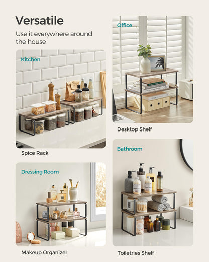 SONGMICS Cabinet Organizer Shelf, Set of 2 Kitchen Counter Shelves, Kitchen Storage, Spice Rack, Stackable, Expandable, Metal and Engineered Wood, Ink Black and Natural Beige UKCS02NB