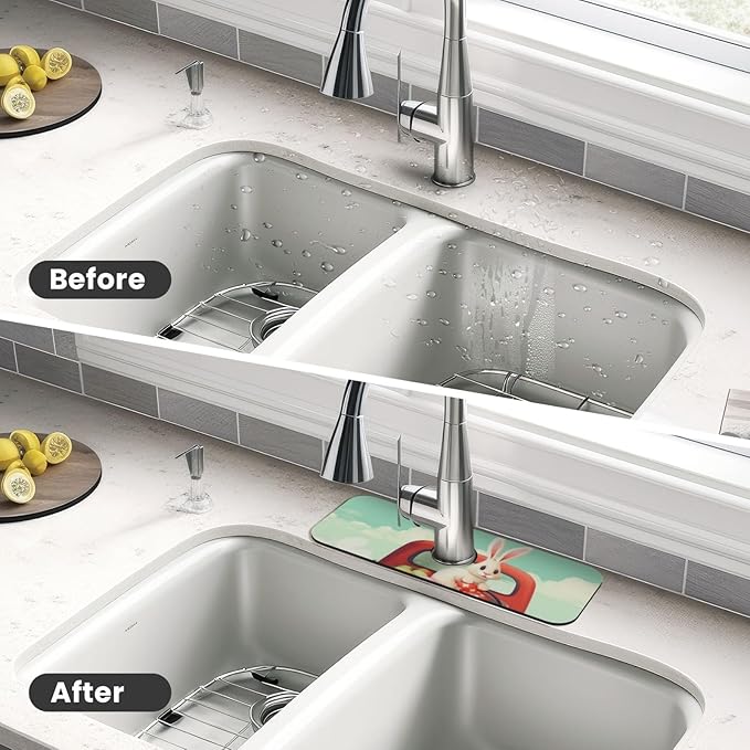 Kitchen Sink Splash Guard Faucet Mat Easter Bunny Rabbits 15"x5.5", Diatom Mat