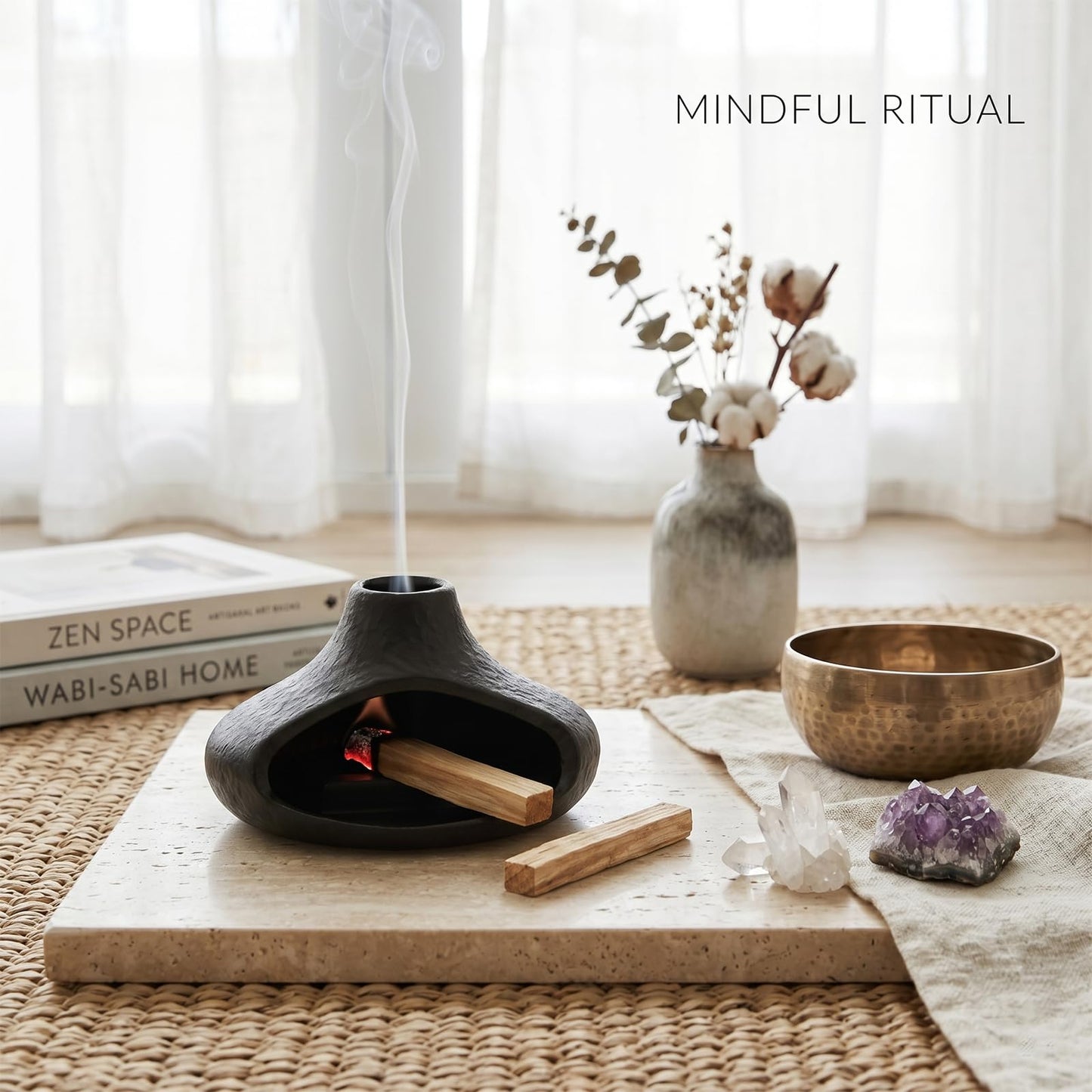 Matte Black Palo Santo Holder with Chimney Design, Ceramic Incense Burner with Ash Catcher, Mess-Free for Smudging, Meditation & Relaxation, Volcano Style Aesthetic Home Decor Gift