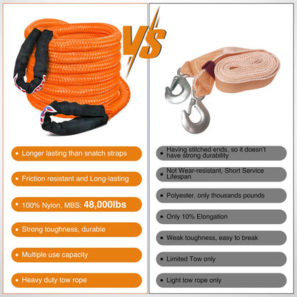Nilight Kinetic Recovery Tow Rope Kit with 2 Soft Shackle 1-1/8inx30ft Heavy Duty Offroad Tow Rope Snatch Strap Towing Strap kit 48,000LBS for UTV ATV SUV Truck Car Jeep Tractor