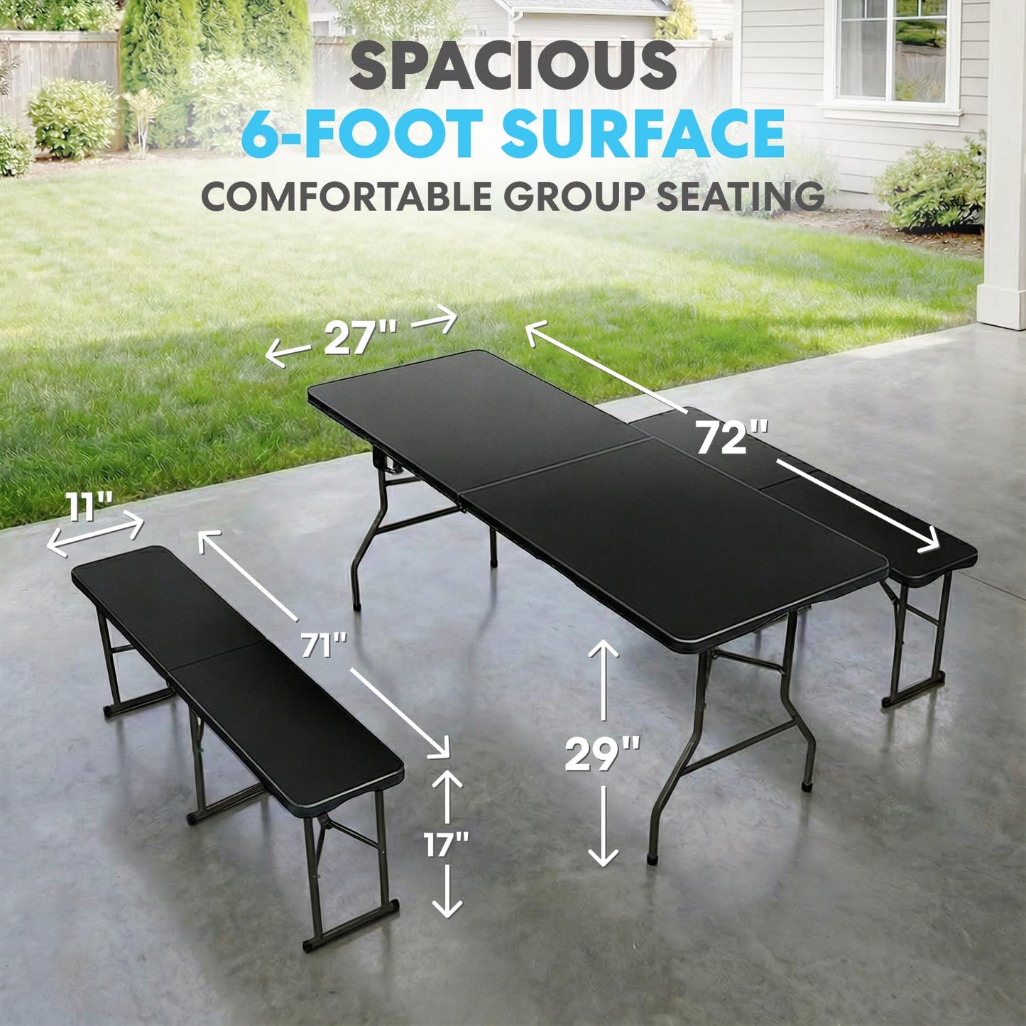 Simpli-Magic 6 Foot Folding Picnic Table Set with 2 Benches Portable Indoor Outdoor Camping Table for Working Meeting Party Picnic Weddings with Handle and Safety Locks Black