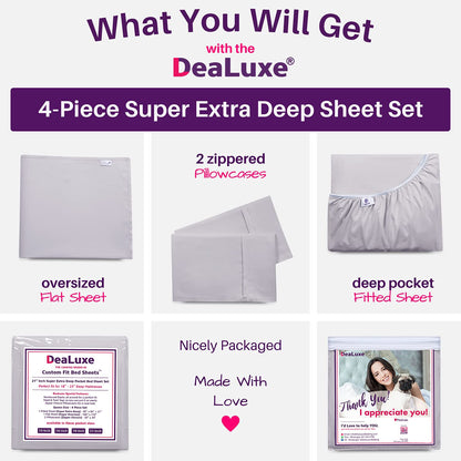 Extra Deep Pocket King Size Sheets – 21” King Sheet Sets Deep Pocket – [4 Piece Set] King Bed Sheets Oversize Flat Sheet, Fitted Sheet, 2 Zippered Pillowcases – 18”–23” King Sheets – Grey Lavender