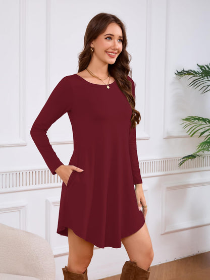 DEARCASE Women's Long Sleeve T Shirt Dress Wine Red Medium Crewneck Knee Length Loose Casual Flowy Swing Burgundy Tunic Dresses with Pockets