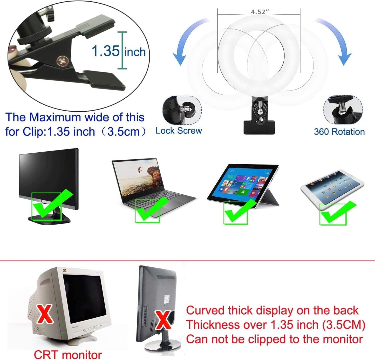 Ring Light Video Conference Lighting Kit 3200k-6500K Dimmable Led Clip on Computer Monitor Laptop Phone for Content Creator (YouTube/TikTok/Twitch) Makeup,Conference,Selfie,Video,Vlog (Black)