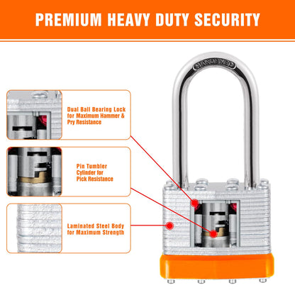 6Pcs Padlocks with Same Keys,Laminated Steel Orange Silver(1-9/16",40mm),Long Shackle for Sheds,Gates,Fences,Toolbox,Outdoor and Indoor Use