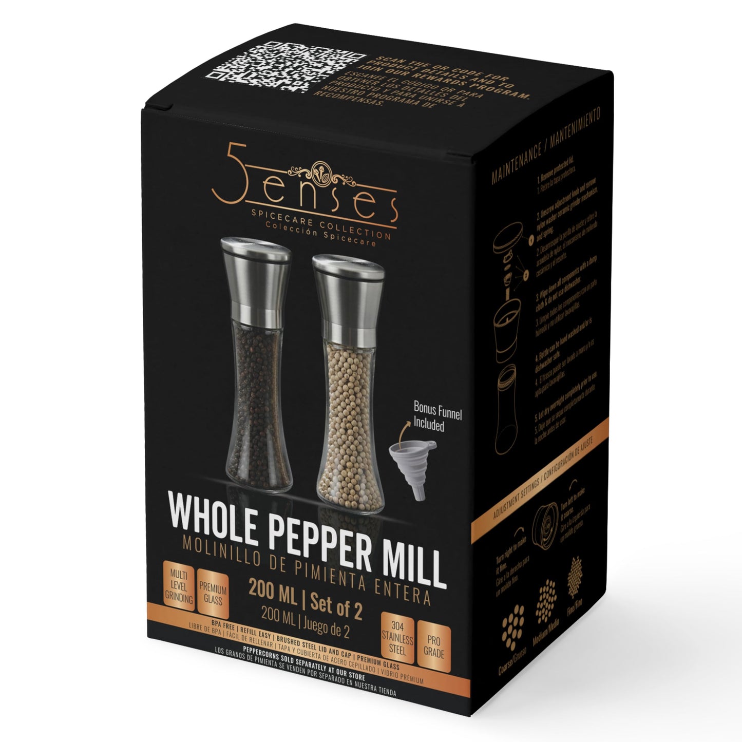 5Senses SpiceCare Salt and Pepper Grinder Set of 2 (200ml) | Stainless Steel & Glass Manual Pepper Mill | Adjustable Ceramic Coarseness | Refillable Salt Shaker for Peppercorns, Sea Salt & Spices