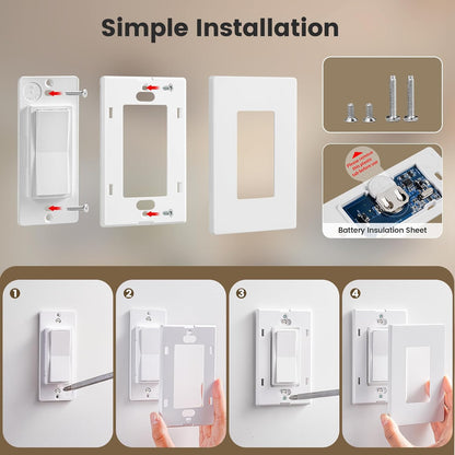 SURAIELEC 3 Way Wireless Light Switch and Receiver Kit, Decorator Rocker Wall Switch, 15 AMP, 100FT, No Wiring No WiFi, Remote Control for Lighting, Neutral Wire Required (Upgrade Antenna Model)