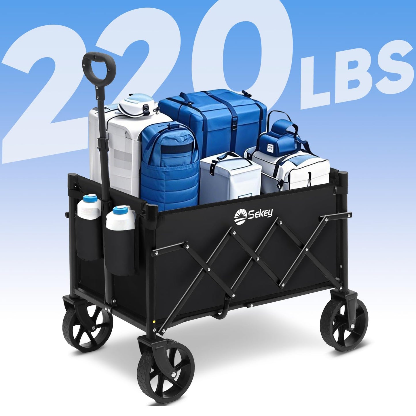 Sekey 220LBS Folding Festival Trolley on Wheels, Heavy Duty Camping trolley with All-Terrain Wheels, Portable Beach wagon, Adjustable Handle, Space-Saving Cart for Shopping Outdoor - Black