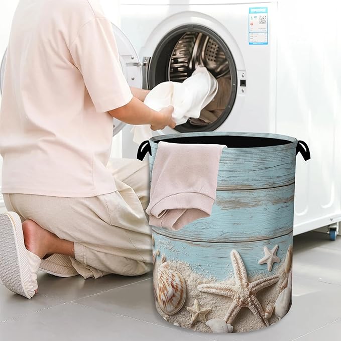 Starfish Seashell Laundry Basket, Vintage Wooden Oxford Cloth Laundry Hamper