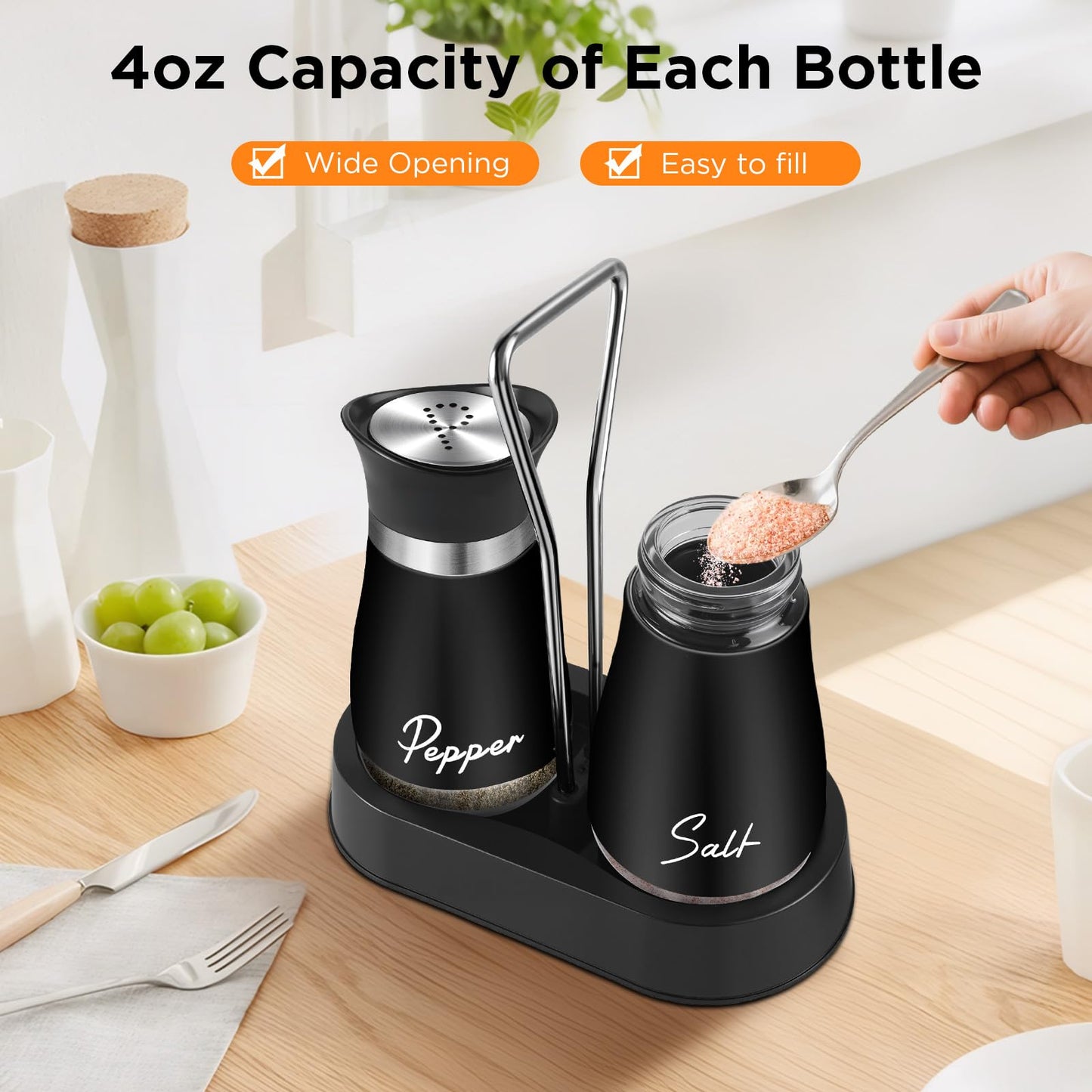 Salt and Pepper Shakers, Farmhouse Salt and Pepper Shakers Set with Holder, electroplated Handle, 4 oz Stainless Steel Glass Bottle Dispenser, for Table, RV, Camp, BBQ (Black)