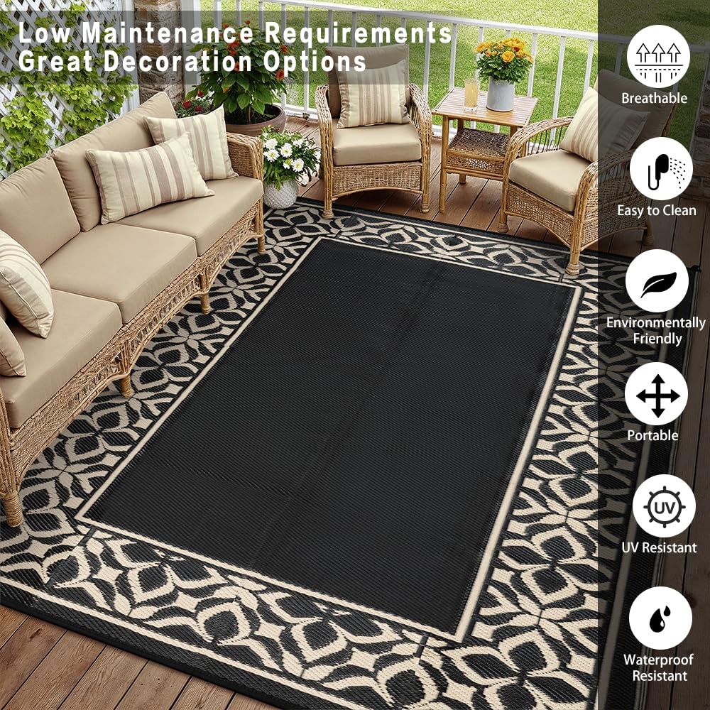 PureCozy Outdoor Plastic Straw Rug Black Beige Large Outside Waterproof Outdoor Patio 10x14 Carpet Geometric Reversible Mat Modern for Camping RV Porch Deck Balcony Beach