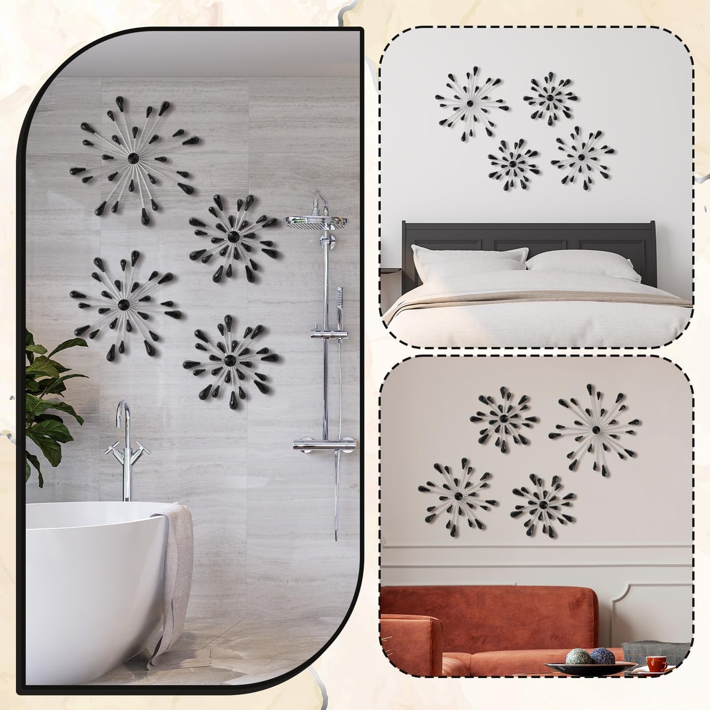 Hicarer 4 Pcs Starburst Wall Decor Bling Wall Art Crystal Teardrop 3D Hanging Rhinestone Radial Metal Artwork Modern Accent Sculptures Decorations for Living Room Home Office Bedroom(Black Diamond)