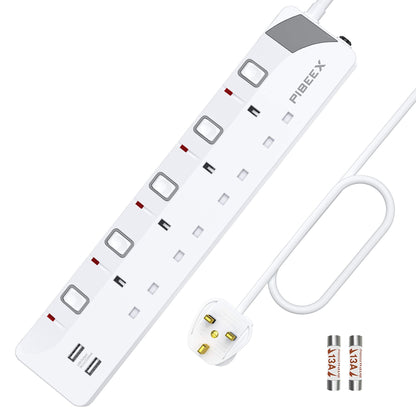PIBEEX Extension Lead with 4 Way Plug Sockets, Wall Mountable Extension Socket with Individual Switches and 2 USB Charging Ports, 13A 3250W, 2M Extension Cord