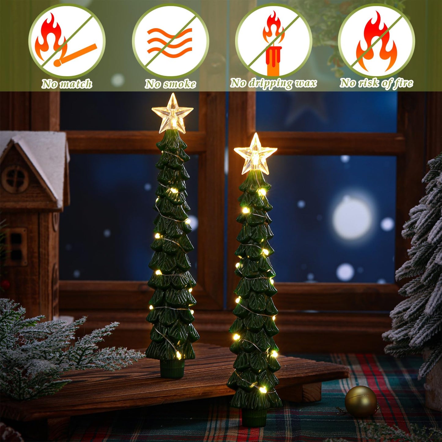 Tujoe 2 Pcs Green Christmas Tree Candles with Remote Flameless Taper Candles Flickering Led Xmas Candlesticks Battery Operated 3D Wick Warm Light for Holiday Winter Table Centerpiece Decorations