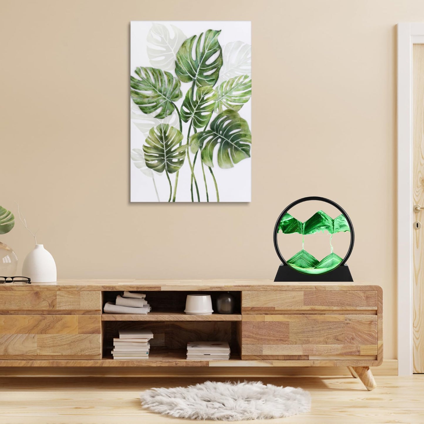 GEKETY 3D Quicksand Painting Decor - Moving Sand Art Picture - Round Glass Deep Sea Sandscape - Relaxing Home Decoration Desk Figurine for Office, Home, Desk, Mantle, Bookshelf - Light Green, 12 in