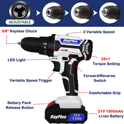 VickyHome 21V Cordless Power Drill Set, 2 Speed Electric Screwdriver Drill, 45NM Torque Battery Power Combi Drill, LED Work Light, Spirit Level, 3/8" Keyless Chuck, 26PCS Drill Bits, Carry Case