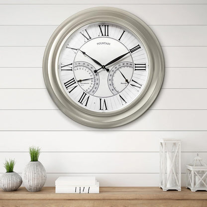 FOUNTAIN DESIGNS 24 Inch Outdoor Clocks Waterproof, Self-Illuminated Large Outdoor Clock with Thermometer and Hygrometer Combo for Patio,Pool and Garden Decor,Roman Numeral,Morning Silver