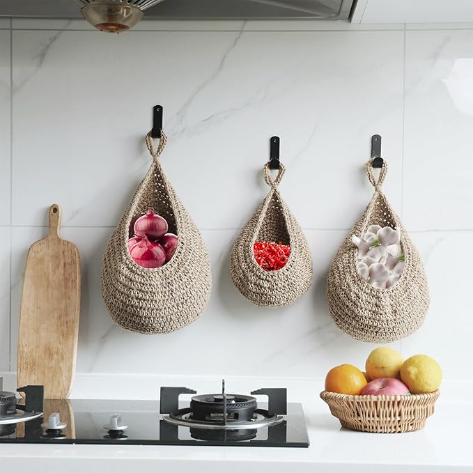 Hanging Fruit Basket Set of 3, Boho Wall Hanging Storage Basket