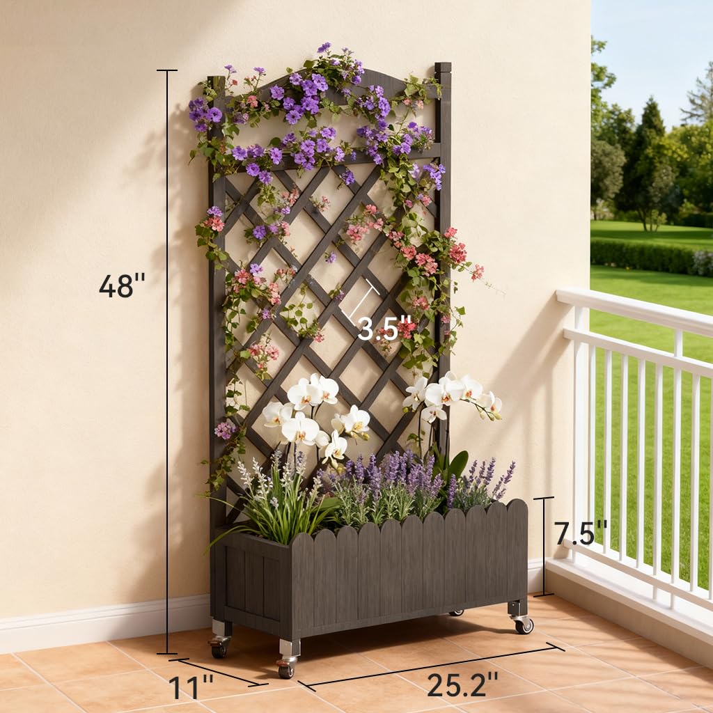 COMHOMA 2 Pack Raised Garden Bed with Trellis and Wheels,48Inch Elevated Planter Box with Drainage Holes,Lattice Privacy Screen for Climbing Plants Vegetables,Outdoor for Patio Balcony Yard,Brown