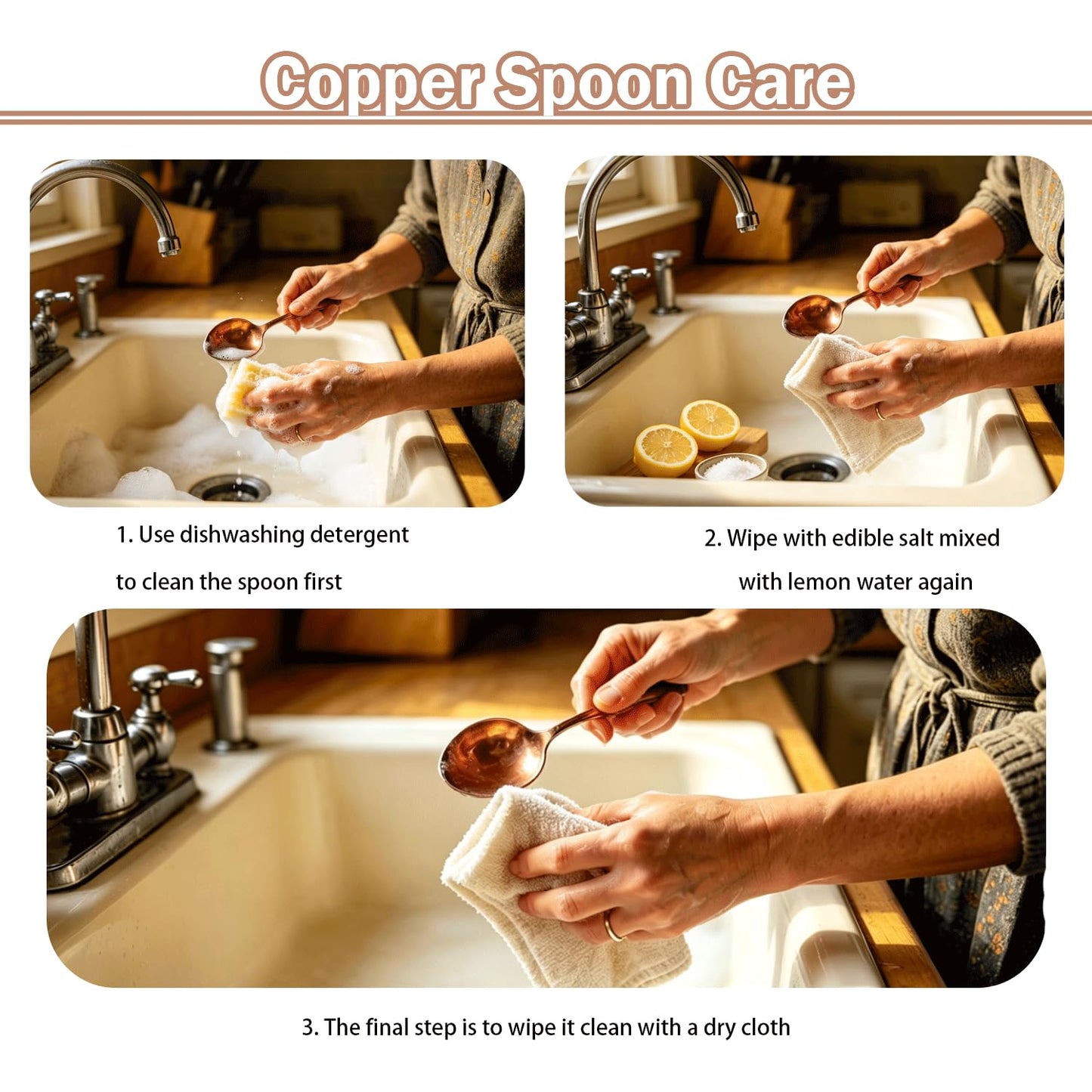 PurCoperx 7.87 Inch Pure Copper Spoon, 100% Hand Forged Vintage Copper Spoon, Suitable for Family Gatherings, Restaurants, Desserts, Sugar, and Ice Cream (2)