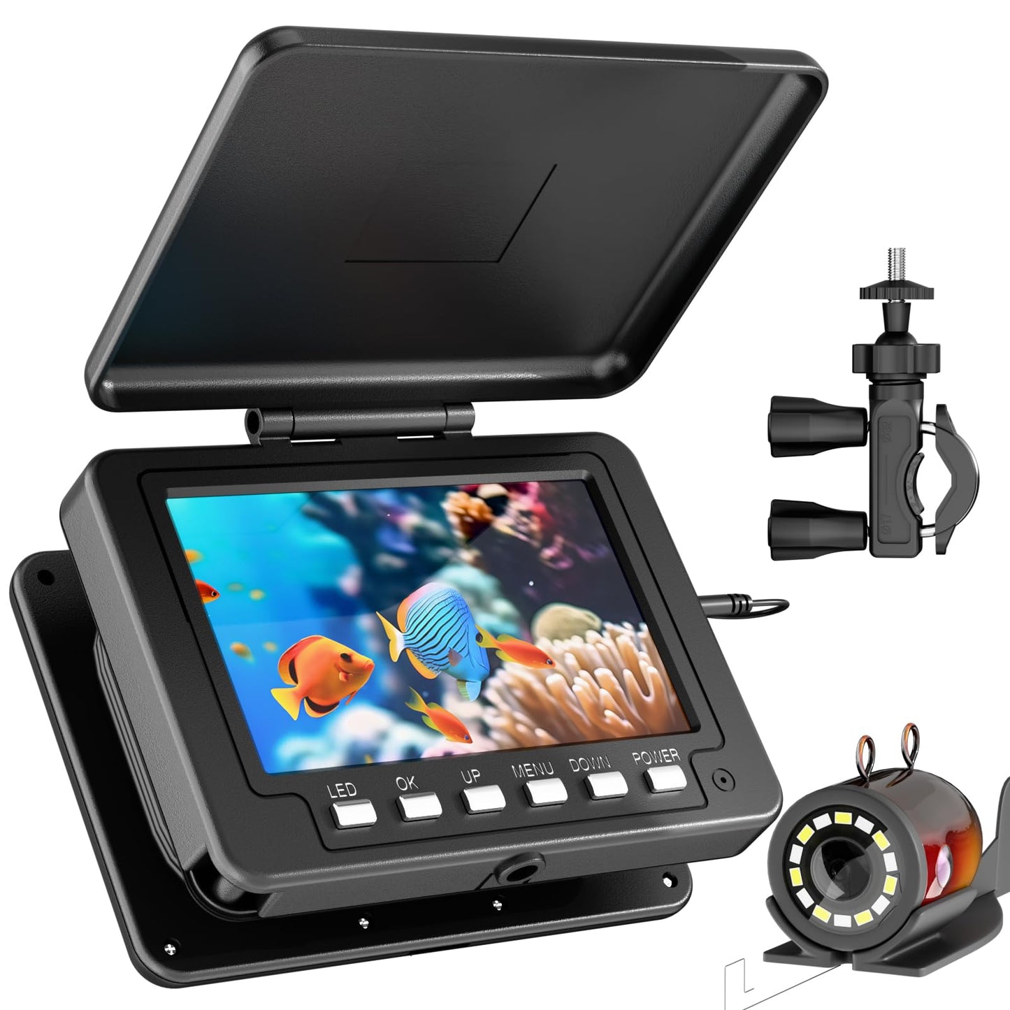 ESANHAO Underwater Fishing Camera 5" LCD Monitor Portable Fish Camera with Light 12pcs & 49ft/15m Cable Waterproof IP68 for Ice Fishing, Lake Sea Boat Kayak Fishing