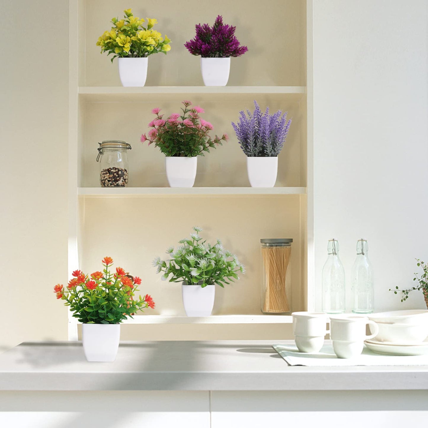Yoratee 6pcs Artificial Pot Flowers Small Fake Plants with Pot Mini Potted Plants for House Office Tabletop Decoration
