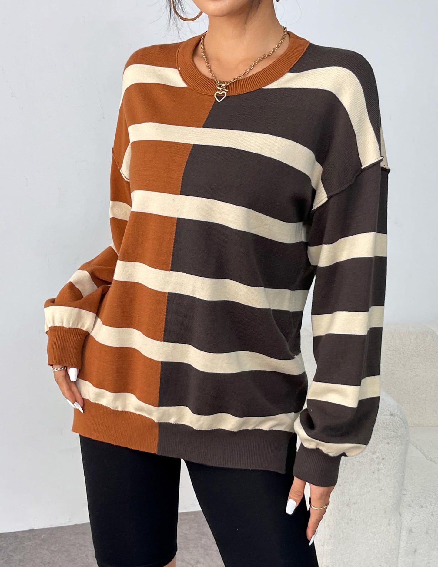 Zeagoo Womens Striped Oversized Sweater 2025 Crew Neck Long Sleeve Knitted Color Block Casual Loose Pullover Top
