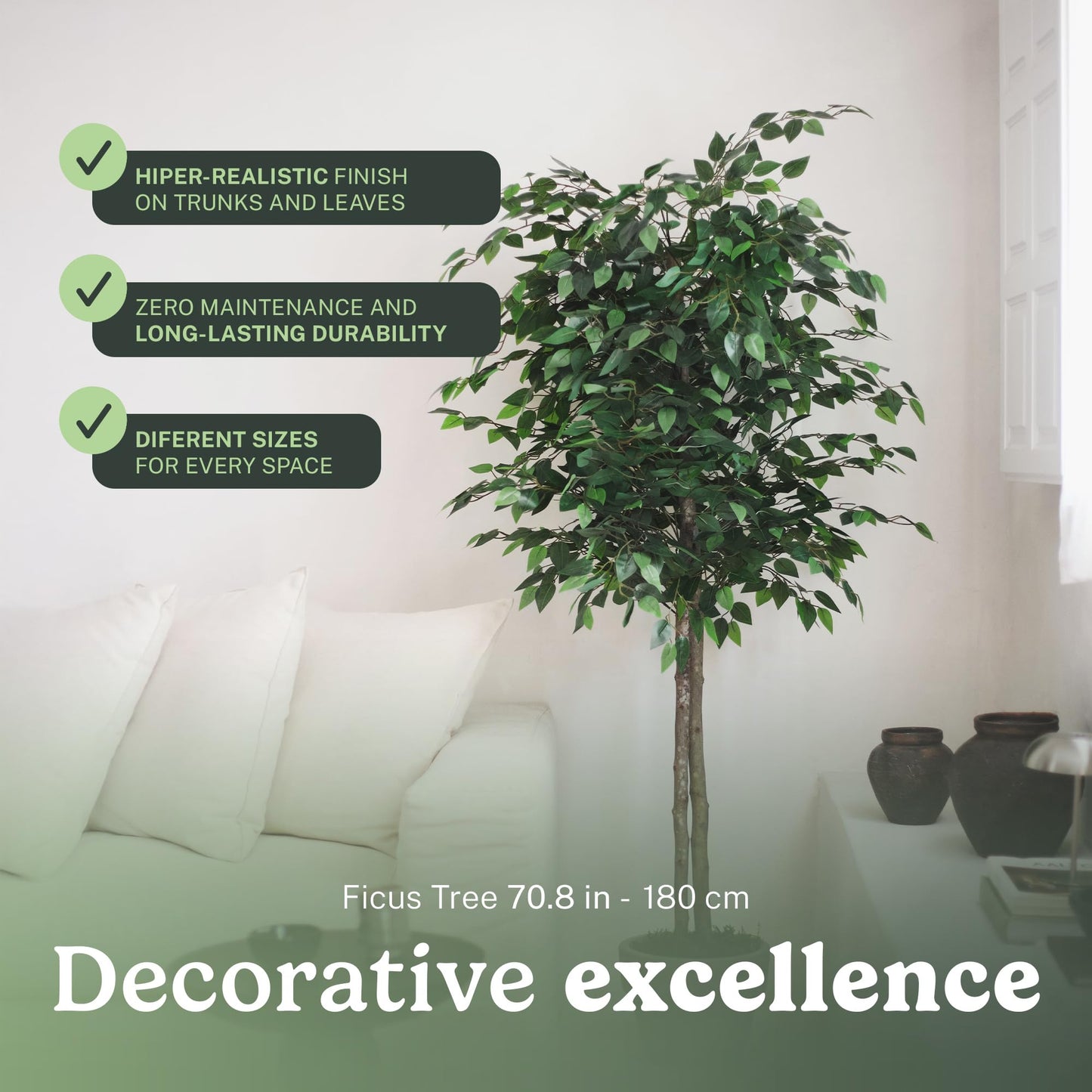 Maia Shop 2 Pack 6ft Artificial Ficus Tree Indoor - Tall Faux Plant with Natural Wood Trunk in Designer Pot with Wood Chips - Fake Plant for Home Office & Living Room Decor