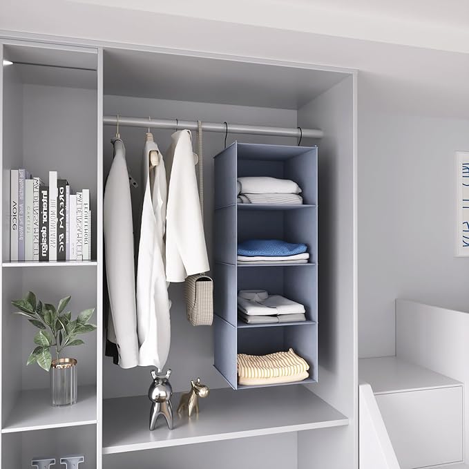 Hanging Closet Organizer, Easy Mount Foldable 4-Shelf Hanging Closet Wardrobe