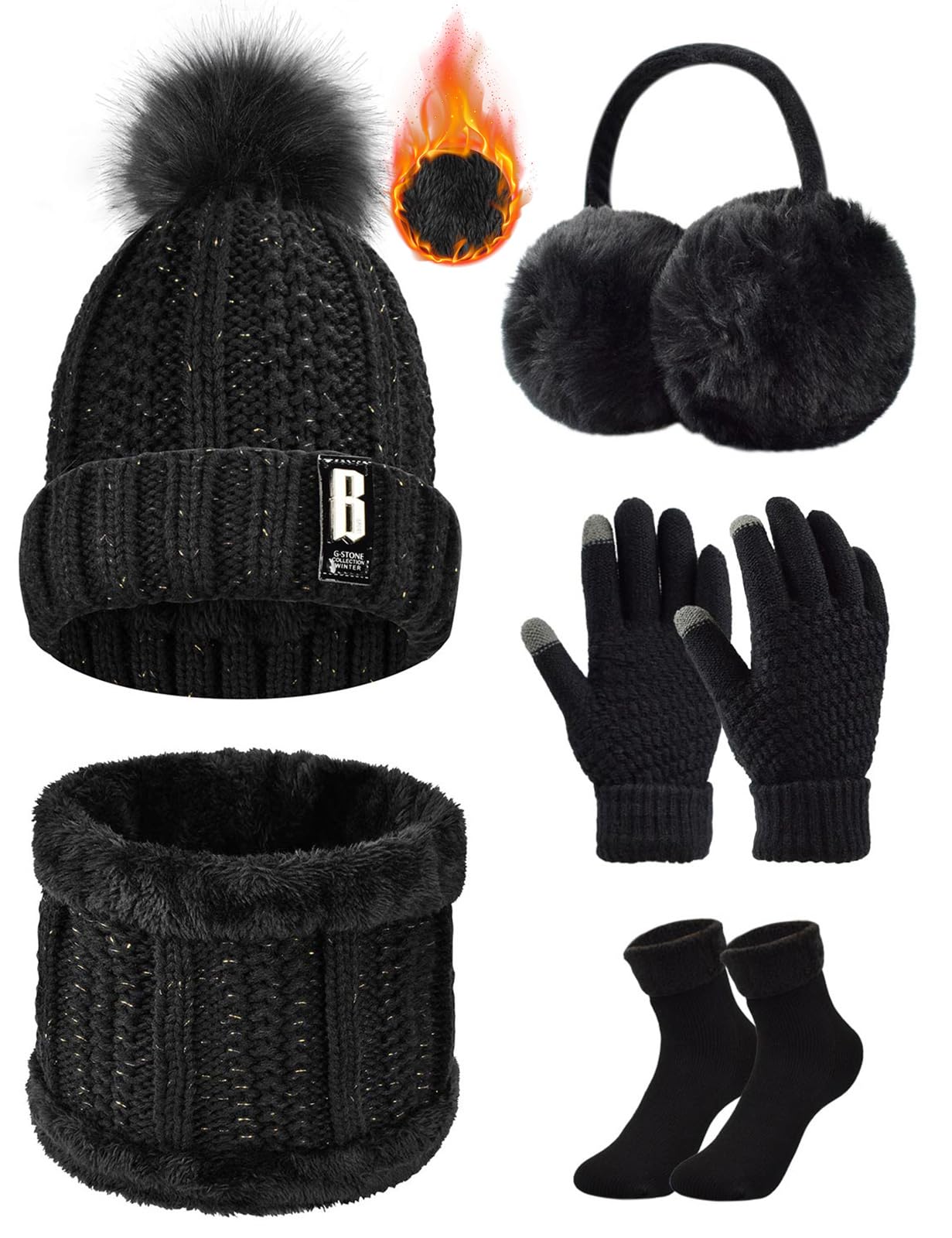 Voqeen Knitted Hat Scarf Gloves Set 5 Pcs Winter Set Ladies Cold Weather Sets Touch Screen Gloves Beanie Hat Scarf Thermal Socks Plush Ear Warming Outdoor Sports Set for Christmas Gifts (Black)