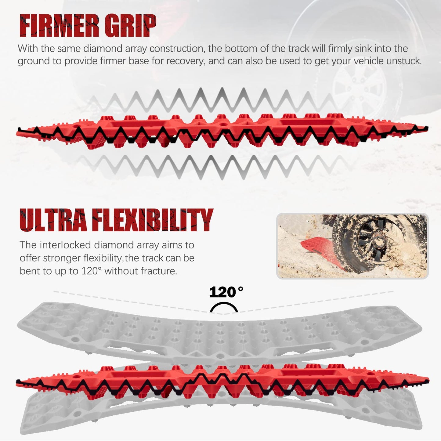 BUNKER INDUST Off-Road Traction Boards Red + 1"×30ft Kinetic Recovery Rope with 2 Soft Shackles Kit