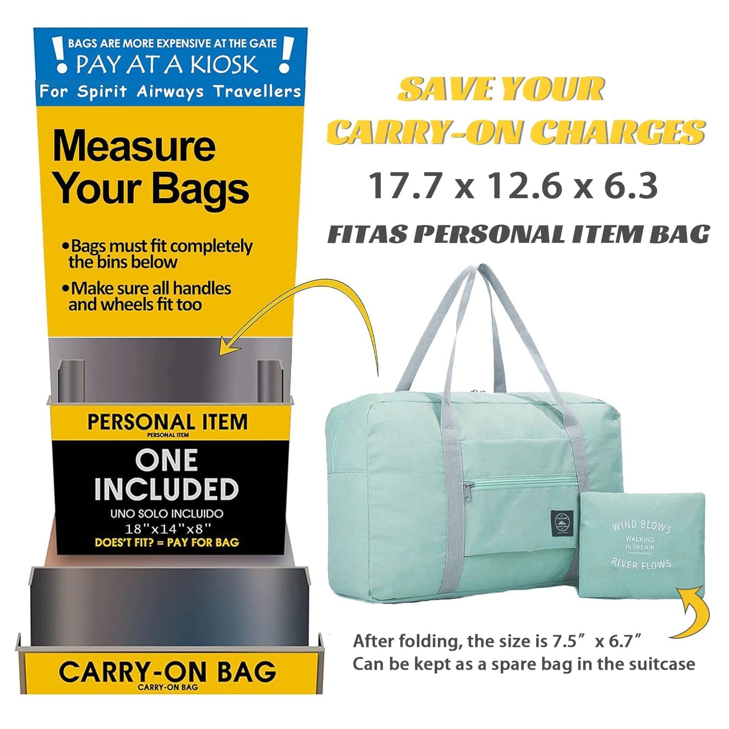 Foldable Travel Duffel Bag Tote Carry on Luggage Bag Spirit Airlines Personal item Sports Gym Bag Water Resistant Weekender Overnight Bags for Women and Men (Green)