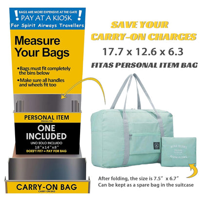 Foldable Travel Duffel Bag Tote Carry on Luggage Bag Spirit Airlines Personal item Sports Gym Bag Water Resistant Weekender Overnight Bags for Women and Men (Green)