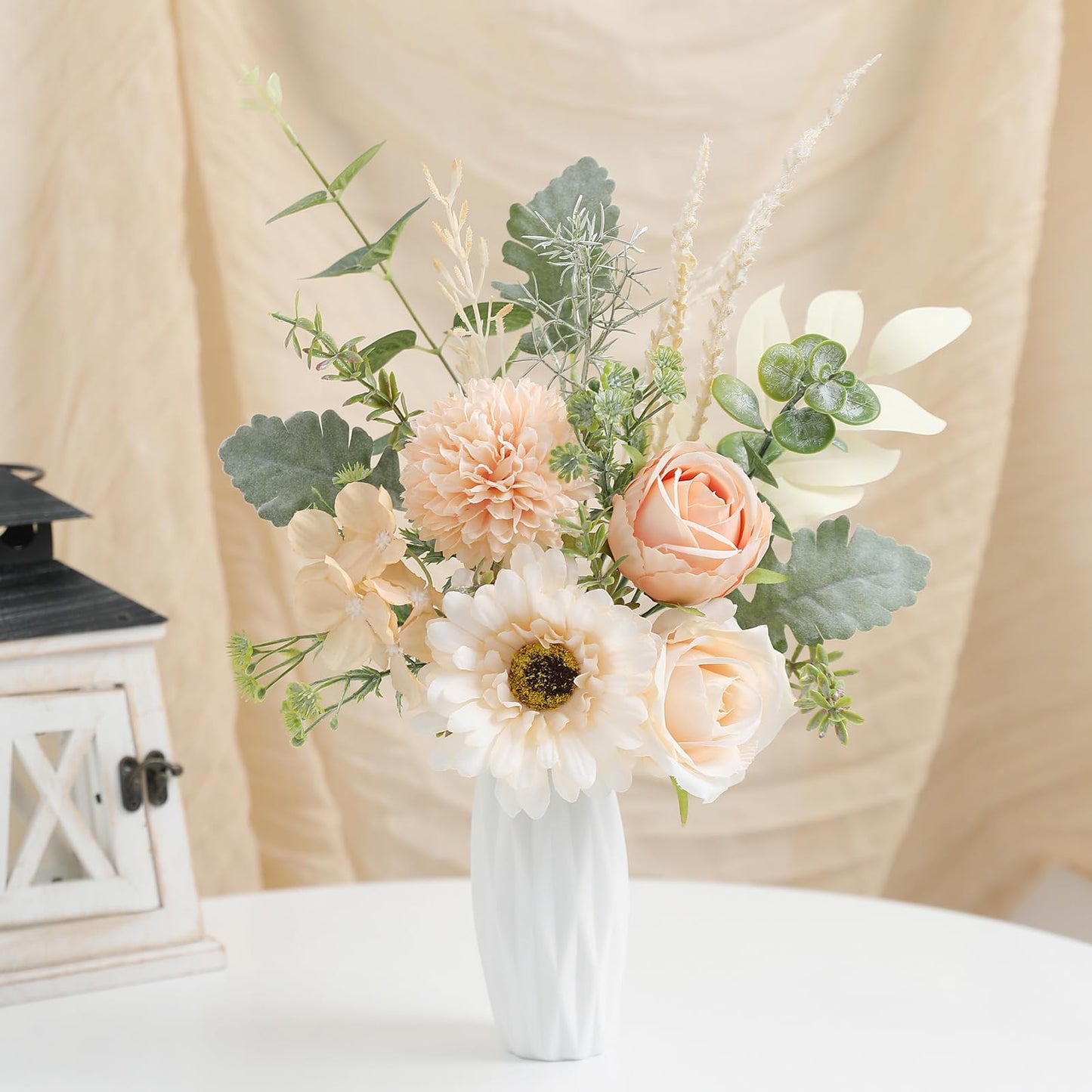 GAATEEK Small 11.8" Artificial Flowers in Ceramic Vase - Champagne Silk Flower Centerpiece for Dining Table, Office, Wedding & Farmhouse, Home Decor Gifts