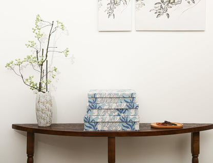 MIZFRUZZY 3-Piece Decorative Storage Boxes with Lids, Blue & White Art-Inspired Botanical Pattern, Sturdy Cardboard Keepsake Boxes, Stackable Memory Storage Boxes for Home Decor & Shelving