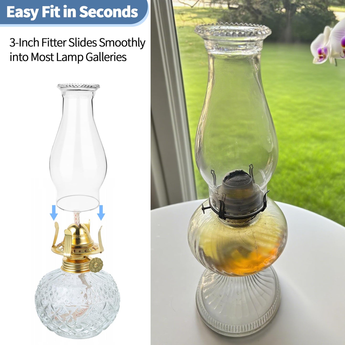Oil Lamp Chimney Replacement, Clear Hurricane Glass Shade with Wave Style, 3-Inch Base for Kerosene Lamps