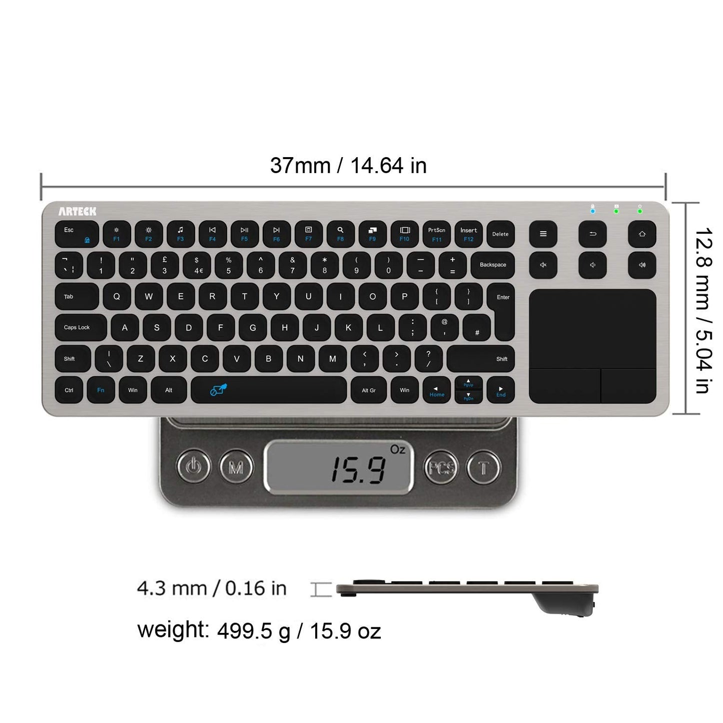 Arteck 2.4G Wireless Touch TV Keyboard with Easy Media Control and Built-In Touchpad Solid Stainless Steel Ultra Compact Full Size QWERTY UK Layout Keyboard for TV-Connected Computer, Smart TV, HTPC
