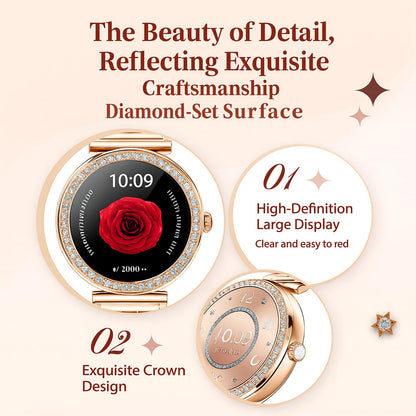 Smart Watches for Women Fitness Tracker with Diamonds Multi-Sport Modes Heart Rate Monitor Sleep Monitoring Bluetooth Calls Female Helath 1.27" Dainty Smartwatch for Android iOS Rosegold Mix