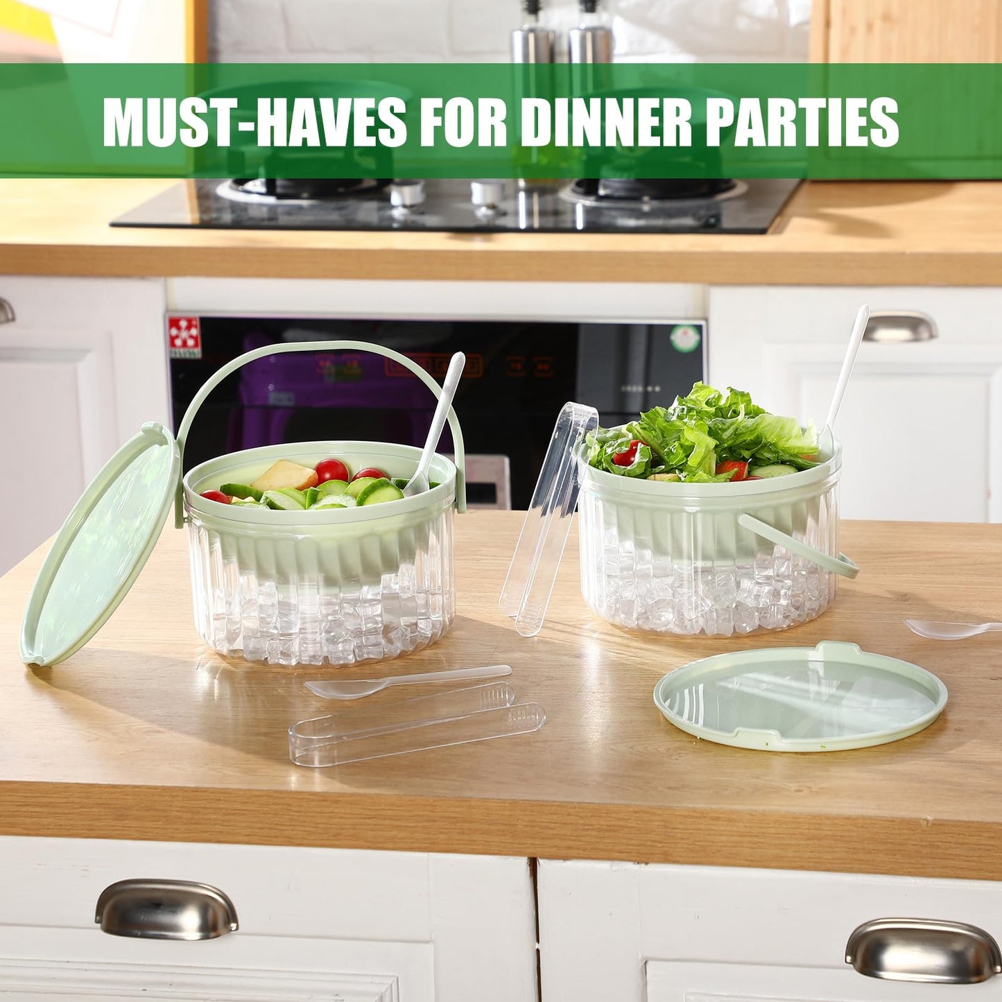 Hushee 2 Pack Chilled Dip Bowl 30oz Ice Serving Bowl with Lid Chilled Dip Bowl for Parties Cold Serving Dish with 2 Serving Tongs 6 Spoons for Hummus, Chilled Pasta, Potato, Dressing, Fruit, Salsa