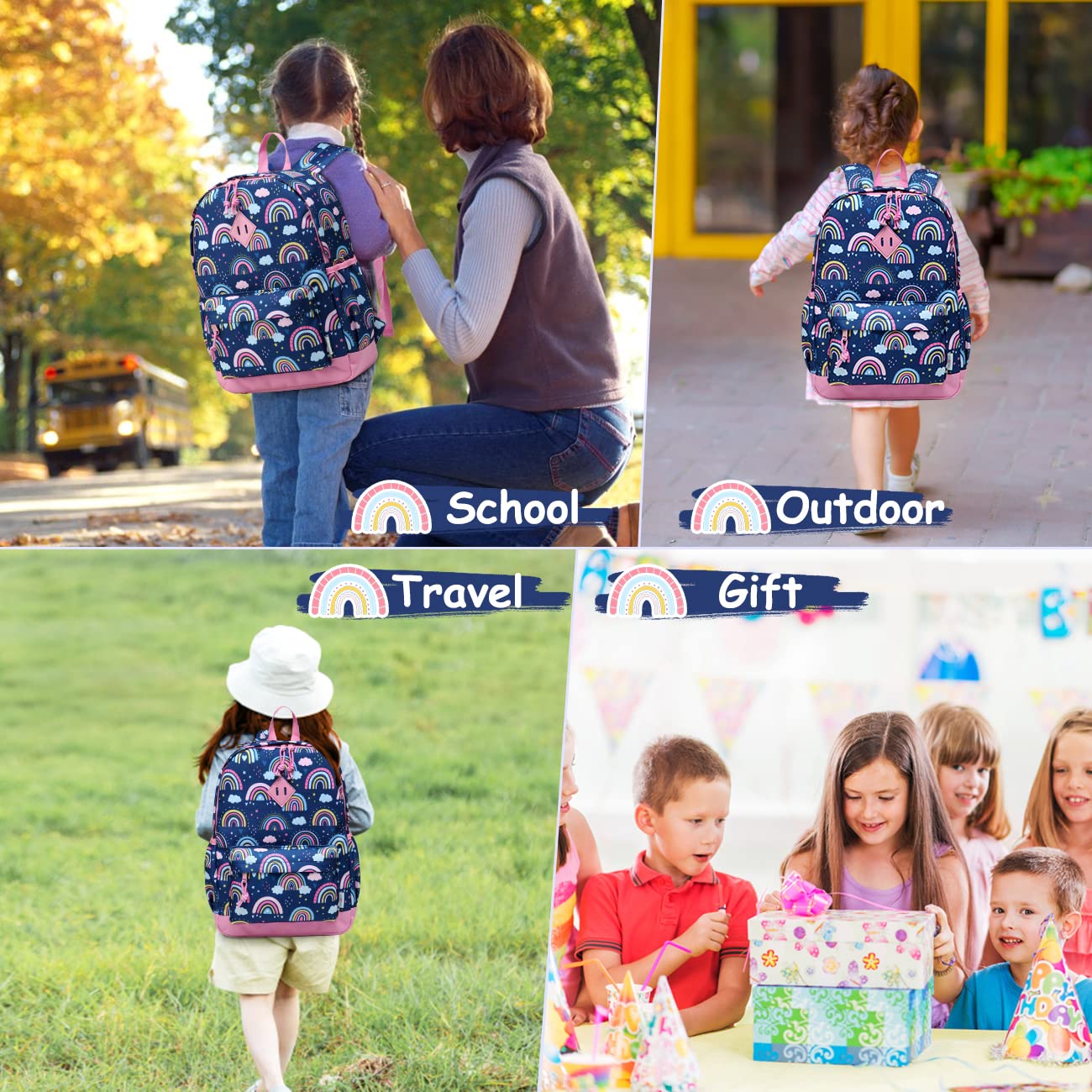 VASCHY Kids Backpack for Girls,Cute Animal Pattern School Bag Daily Children's Rucksack Backpack for School Kindergarten Nursery with Chest Strap And Bottle Pockets(Blue Rainbow)