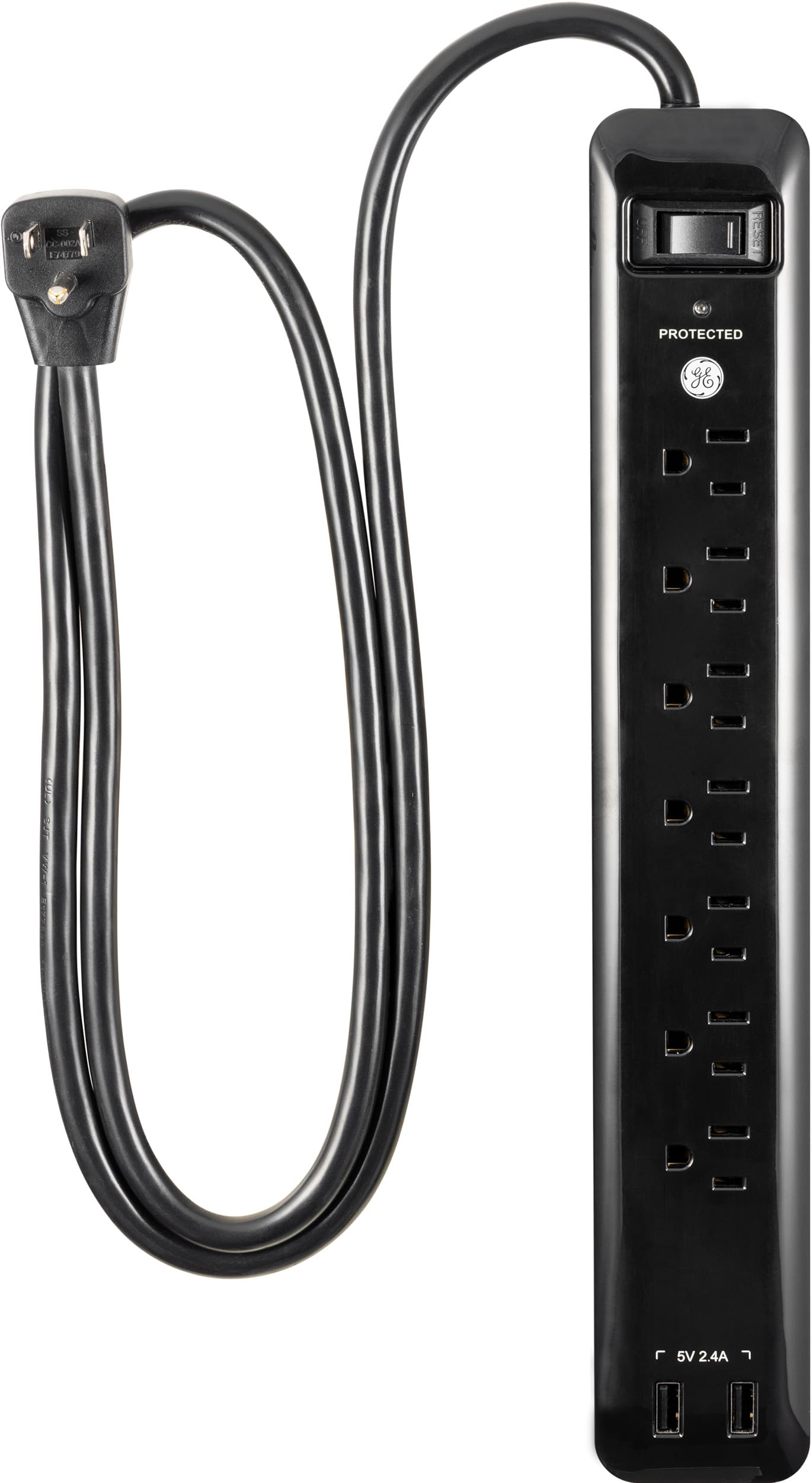 GE 6-Outlet Power Strip with USB, 1 USB-A, 1 USB-C, Outlet Extender, 6 Ft Braided Extension Cord, Flat Plug, Charging Station, Black, 82595