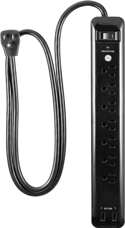 GE 6-Outlet Power Strip with USB, 1 USB-A, 1 USB-C, Outlet Extender, 6 Ft Braided Extension Cord, Flat Plug, Charging Station, Black, 82595