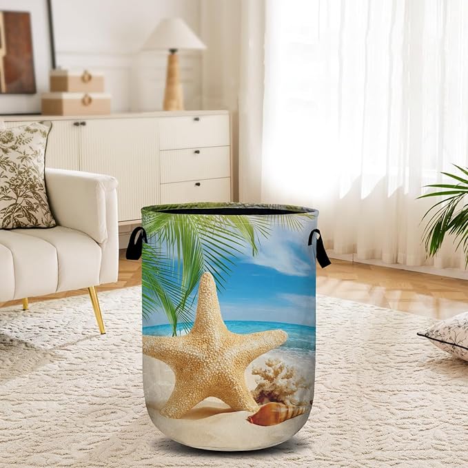 Starfish Seashell Laundry Basket, Ocean Sea Beach Laundry Hamper Collapsible